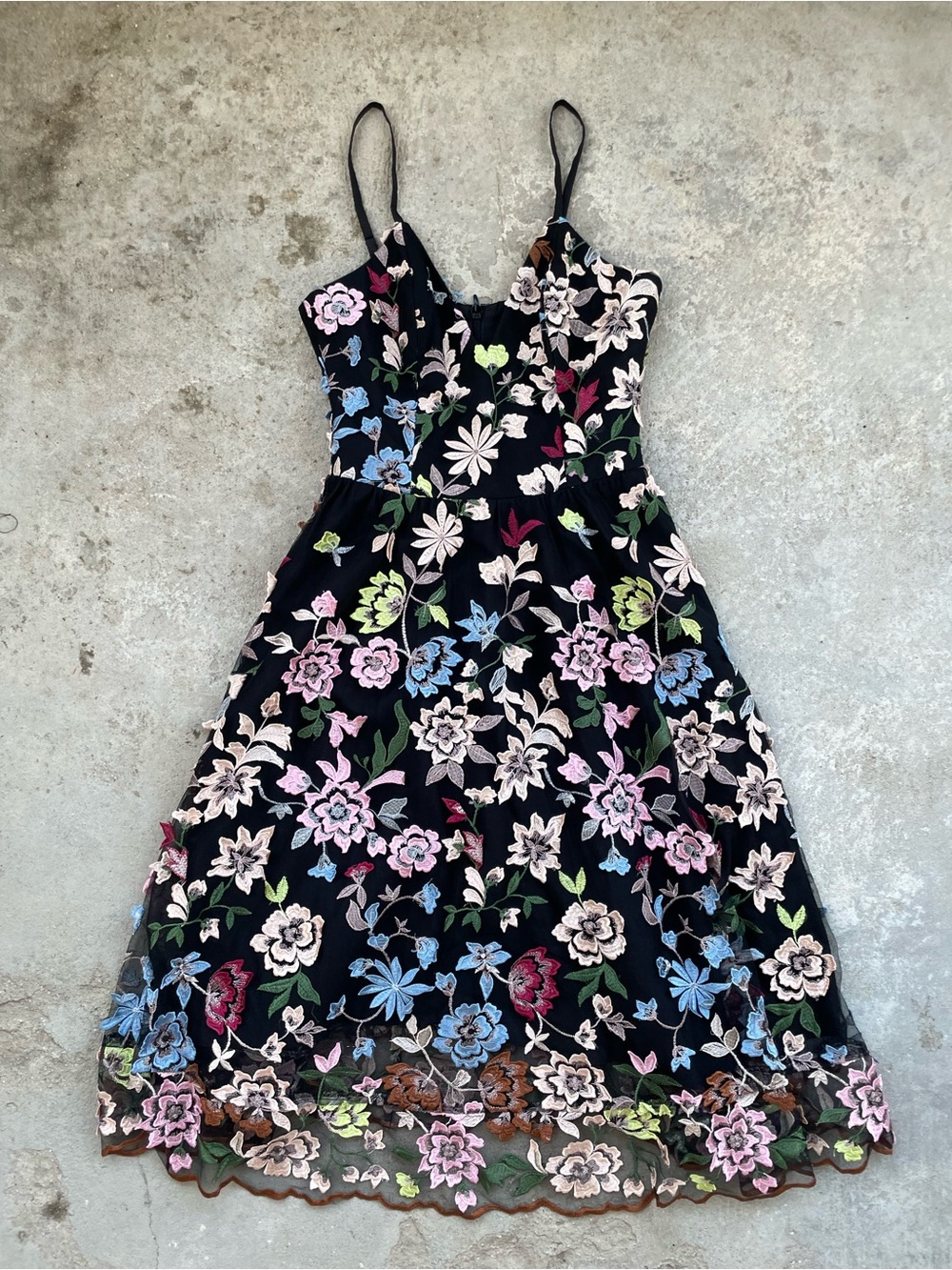 Dress the Population Black Midi Slip Dress with Multicolor Floral Embroidery